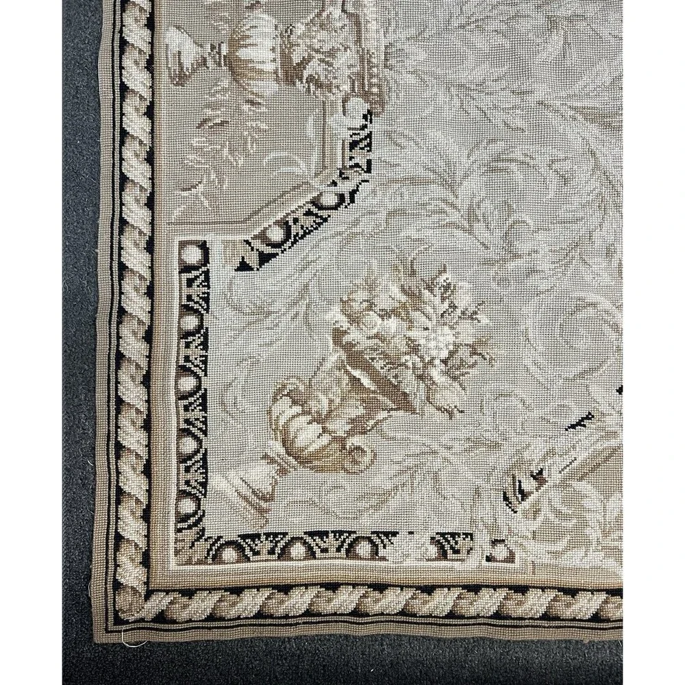 Vintage Needlepoint Tapestry Rug In The Style Of French Aubusson Nuetral 72x46”
